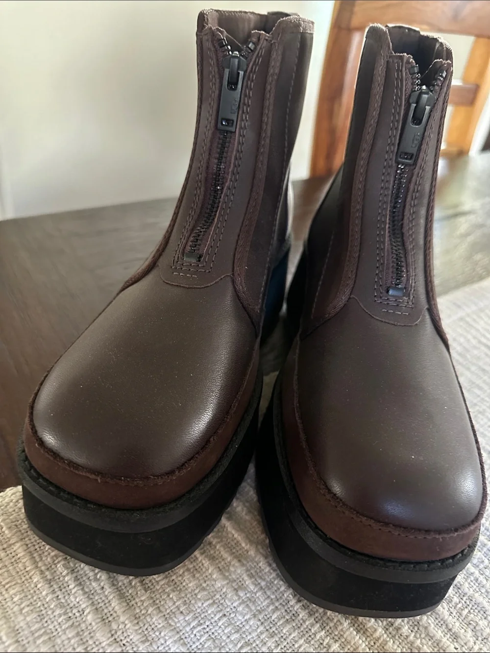 UGG Dark Brown Leather Platform Zip Booties with Black Sole